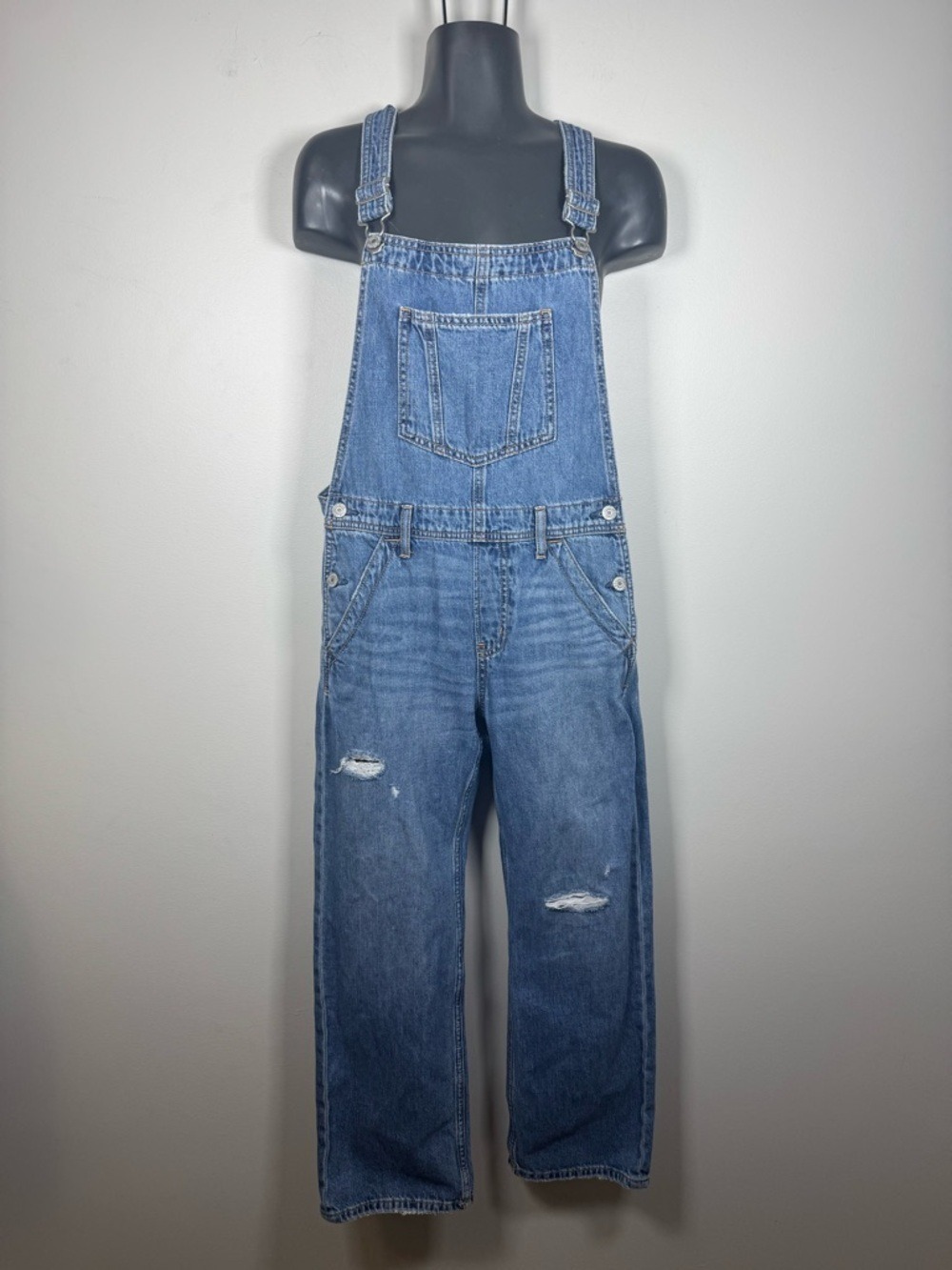 GAP Blue Denim Overalls Romper with Distressed Knees size 16 , fit Small adult